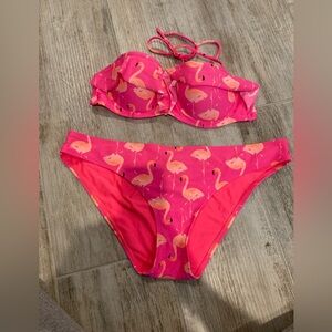 Aerie hot pink flamingo bikini 34B top XL bottom